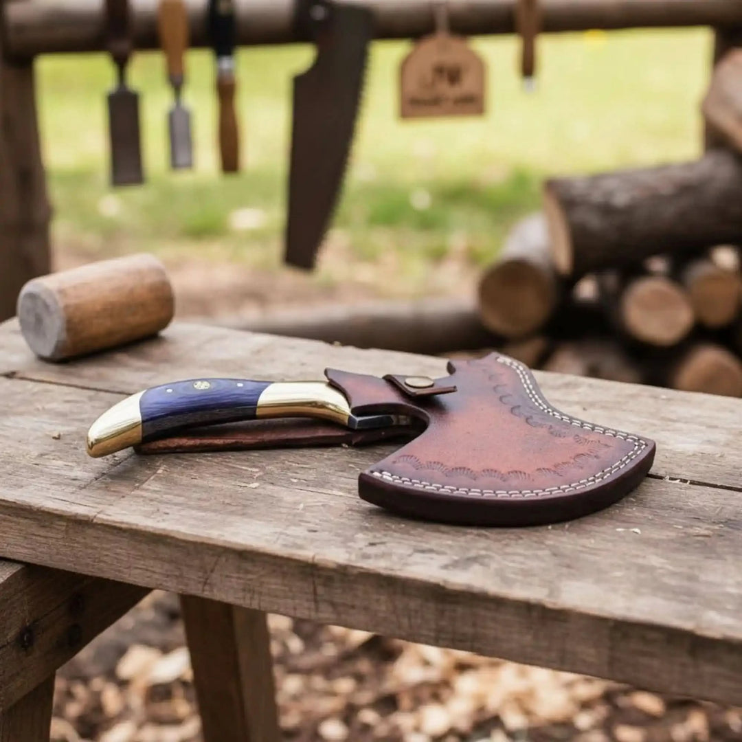 Luxury Damascus outdoor cleaver with a polished resin and bone style handle resting on a leather sheath in a rugged campsite workshop scene.