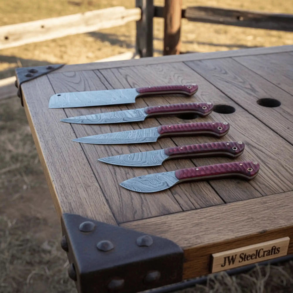 Custom forged culinary blades designed for chopping, slicing, carving, dicing, and detailed food preparation tasks.