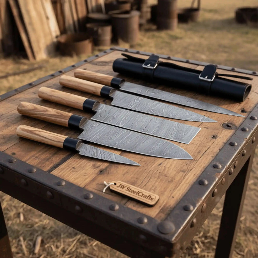 Damascus chef blades emphasizing layered steel artistry and balanced ergonomic wooden grip design.