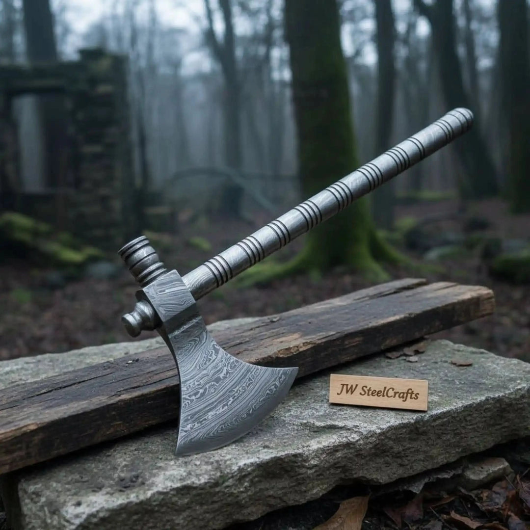 Grove-inspired Viking combat tool showcasing artistic steel blade engravings and tactical outdoor styling.