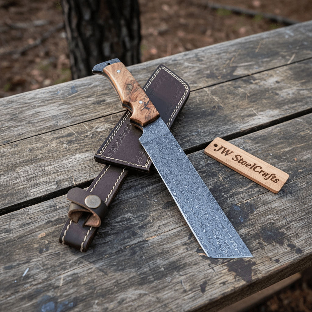Hunting Knife Hunting 12" Tanto Knife with Olive Wood Handle with Sheath handmade by JW SteelCrafts