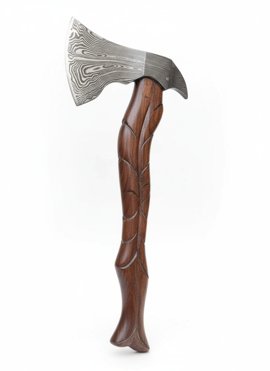 Hand-forged Damascus steel Viking axe with carved rosewood handle being held outdoors, detailed pattern blade, custom bushcraft and throwing hatchet.