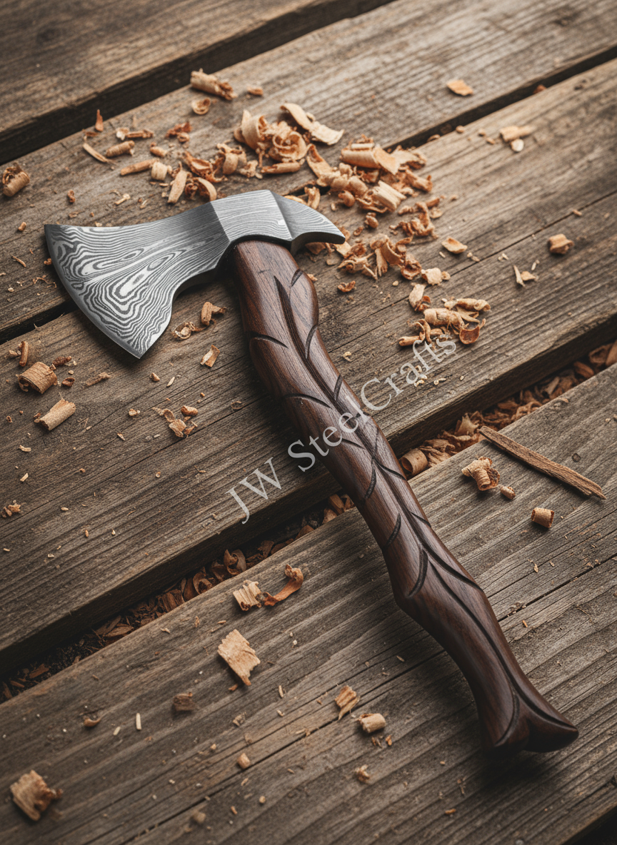 Hand-forged Damascus steel Viking axe with carved hardwood handle displayed on rustic wood surface