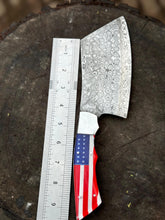 Load image into Gallery viewer, Personalized Skinner Knife Damascus Fixed Blade Knife, Bush crafts Knife, American Flag Handle Knife, Groomsman Gift, Husband&#39;s Gift