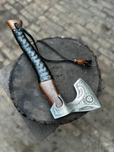Load image into Gallery viewer, Personalized Viking  Axe Bearded Handcrafted Viking Battle Axe – Engraved Carbon Steel Blade with Wooden Handle With Leather Sheath