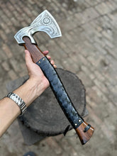Load image into Gallery viewer, Personalized Viking  Axe Bearded Handcrafted Viking Battle Axe – Engraved Carbon Steel Blade with Wooden Handle With Leather Sheath