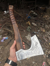 Load image into Gallery viewer, Personalized Viking Bearded Axe – Hand-Forged High Carbon Steel Battle Axe with Ash Wood Handle &amp; Leather Sheath | Engraved Collectible Gift for Him, Groomsmen, Father’s Day