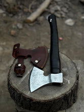 Load image into Gallery viewer, Personalized Viking Axe Hand-Forged  High Carbon Steel Battle Axe with Leather-Wrapped Groomsmen Gift, Wedding Gift, Camping Axe, EDC