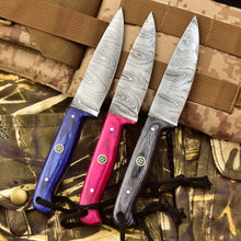 Load image into Gallery viewer, Engraved Skinner Knife – Handmade Damascus Steel Hunting Knife | Custom EDC Knife, Wedding &amp; Birthday Gift for Him or Her, Groomsmen Gift