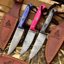 Load image into Gallery viewer, Engraved Skinner Knife – Handmade Damascus Steel Hunting Knife | Custom EDC Knife, Wedding &amp; Birthday Gift for Him or Her, Groomsmen Gift