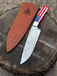 Custom Chef knife Handmade Knife Gift For Father Kitchen Knife Groomsmen Wedding Gift For Him American Flag Handle Damascus Chef Knife