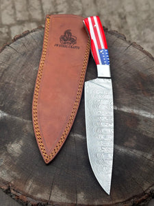 Custom Chef knife Handmade Knife Gift For Father Kitchen Knife Groomsmen Wedding Gift For Him American Flag Handle Damascus Chef Knife