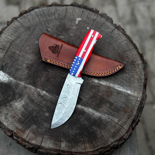 Custom American Flag Handle Damascus Skinner Knife – Handmade Hunting & EDC Knife, Personalized Gift for Him, Anniversary & Groomsmen Gift