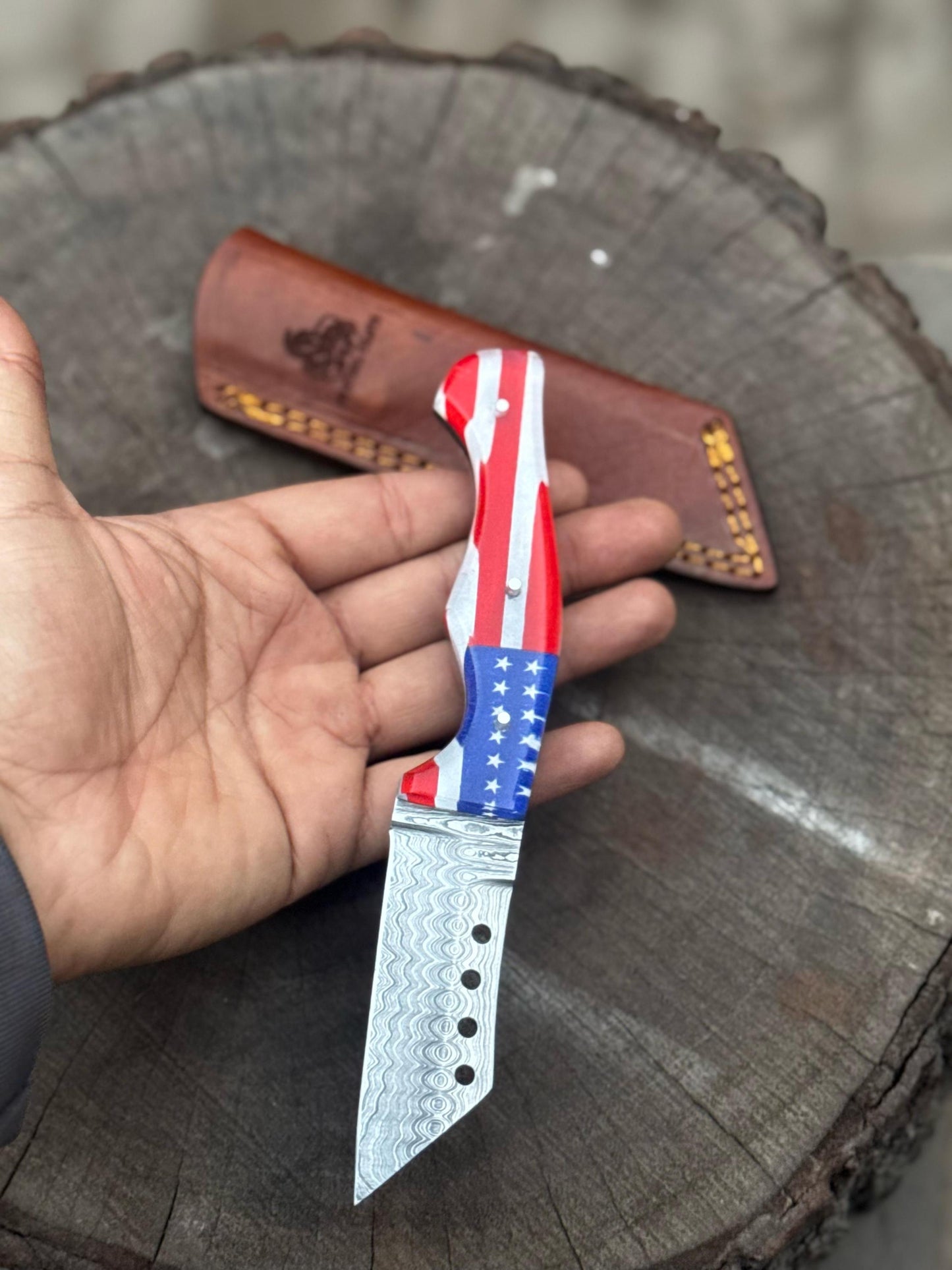 Custom Knife Handmade Damascus Tanto Knife with American Flag Handle, Anniversary Gift, Groomsmen Gift, Gift for her, Gift for Husband