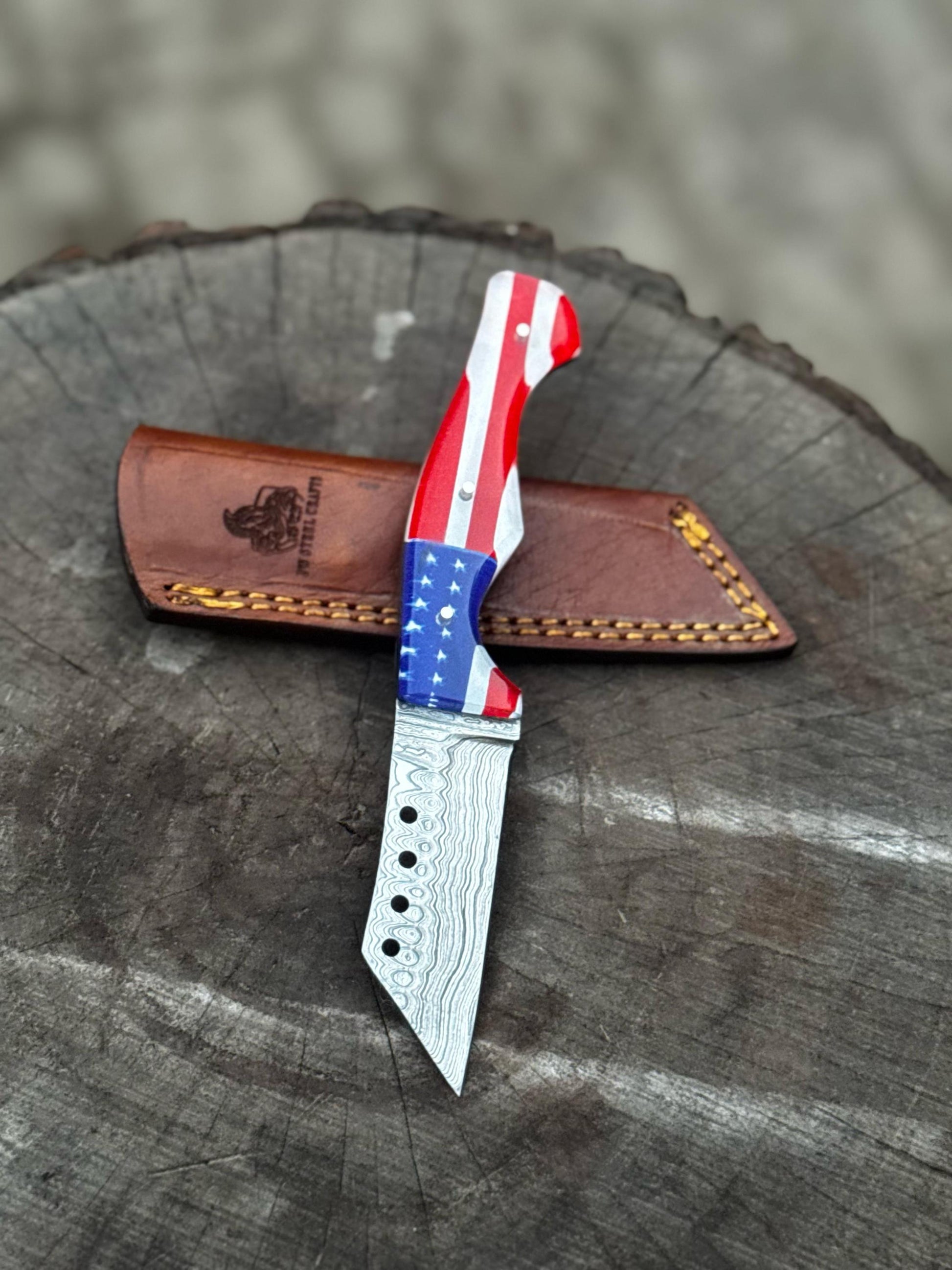 Custom Knife Handmade Damascus Tanto Knife with American Flag Handle, Anniversary Gift, Groomsmen Gift, Gift for her, Gift for Husband