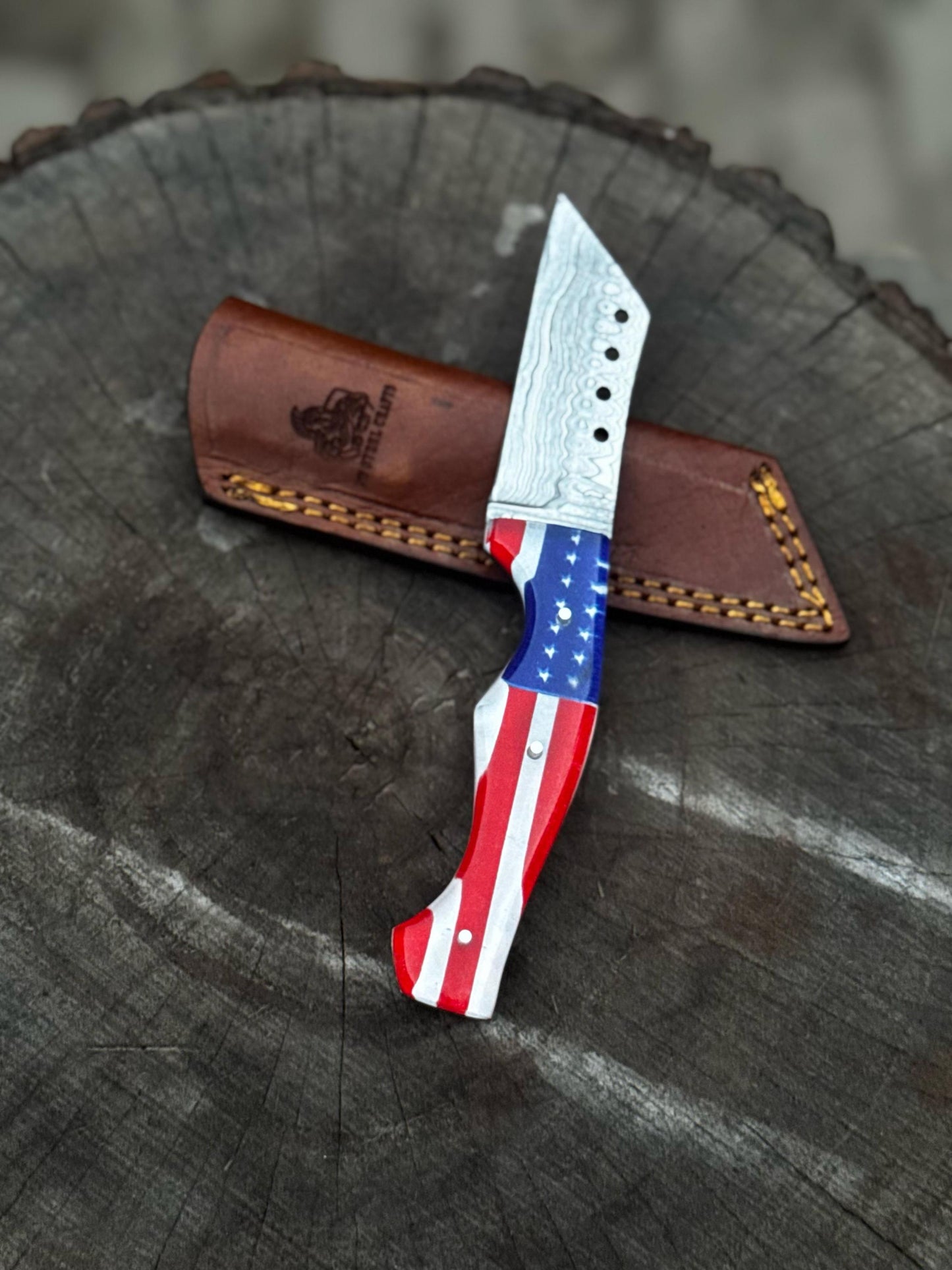 Custom Knife Handmade Damascus Tanto Knife with American Flag Handle, Anniversary Gift, Groomsmen Gift, Gift for her, Gift for Husband