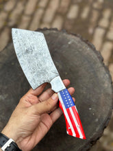 Load image into Gallery viewer, Personalized Skinner Knife Damascus Fixed Blade Knife, Bush crafts Knife, American Flag Handle Knife, Groomsman Gift, Husband&#39;s Gift