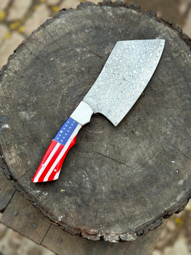 Personalized Skinner Knife Damascus Fixed Blade Knife, Bush crafts Knife, American Flag Handle Knife, Groomsman Gift, Husband's Gift