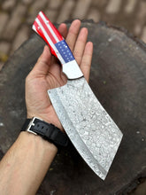 Load image into Gallery viewer, Personalized Skinner Knife Damascus Fixed Blade Knife, Bush crafts Knife, American Flag Handle Knife, Groomsman Gift, Husband&#39;s Gift