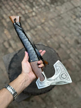 Load image into Gallery viewer, Personalized Viking  Axe Bearded Handcrafted Viking Battle Axe – Engraved Carbon Steel Blade with Wooden Handle With Leather Sheath
