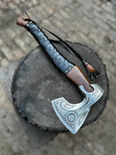 Load image into Gallery viewer, Personalized Viking  Axe Bearded Handcrafted Viking Battle Axe – Engraved Carbon Steel Blade with Wooden Handle With Leather Sheath