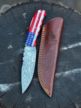 Load image into Gallery viewer, Custom Damascus Steel Skinner Knife, American Flag Hunting Knife, Groomsmen Gift, Gift for Him, Father’s Day Gift with Leather Sheath