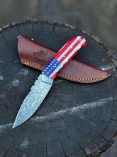 Load image into Gallery viewer, Custom Damascus Steel Skinner Knife, American Flag Hunting Knife, Groomsmen Gift, Gift for Him, Father’s Day Gift with Leather Sheath