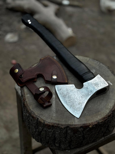 Personalized Viking Axe Hand-Forged  High Carbon Steel Battle Axe with Leather-Wrapped Groomsmen Gift, Wedding Gift, Camping Axe, EDC