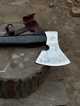 Load image into Gallery viewer, Personalized Viking Axe Hand-Forged  High Carbon Steel Battle Axe with Leather-Wrapped Groomsmen Gift, Wedding Gift, Camping Axe, EDC