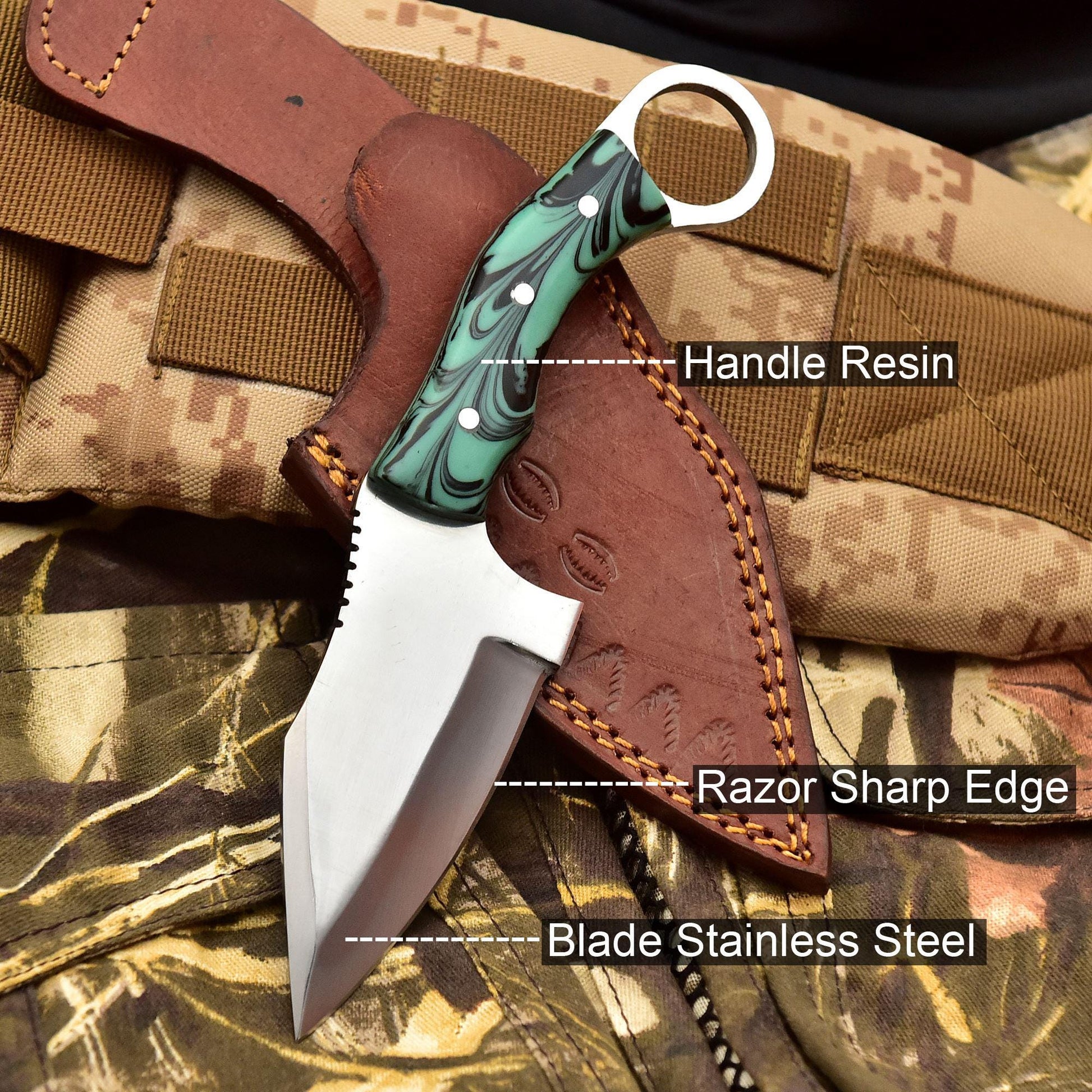 Custom Hunting Knife Engraved Knife High Handmade Skinner Knife Fixed Knife Gift for Husband , Gift for her , Wedding Gift, Birthday Gift Green Resin