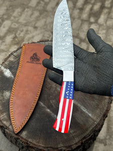 Custom Chef knife Handmade Knife Gift For Father Kitchen Knife Groomsmen Wedding Gift For Him American Flag Handle Damascus Chef Knife