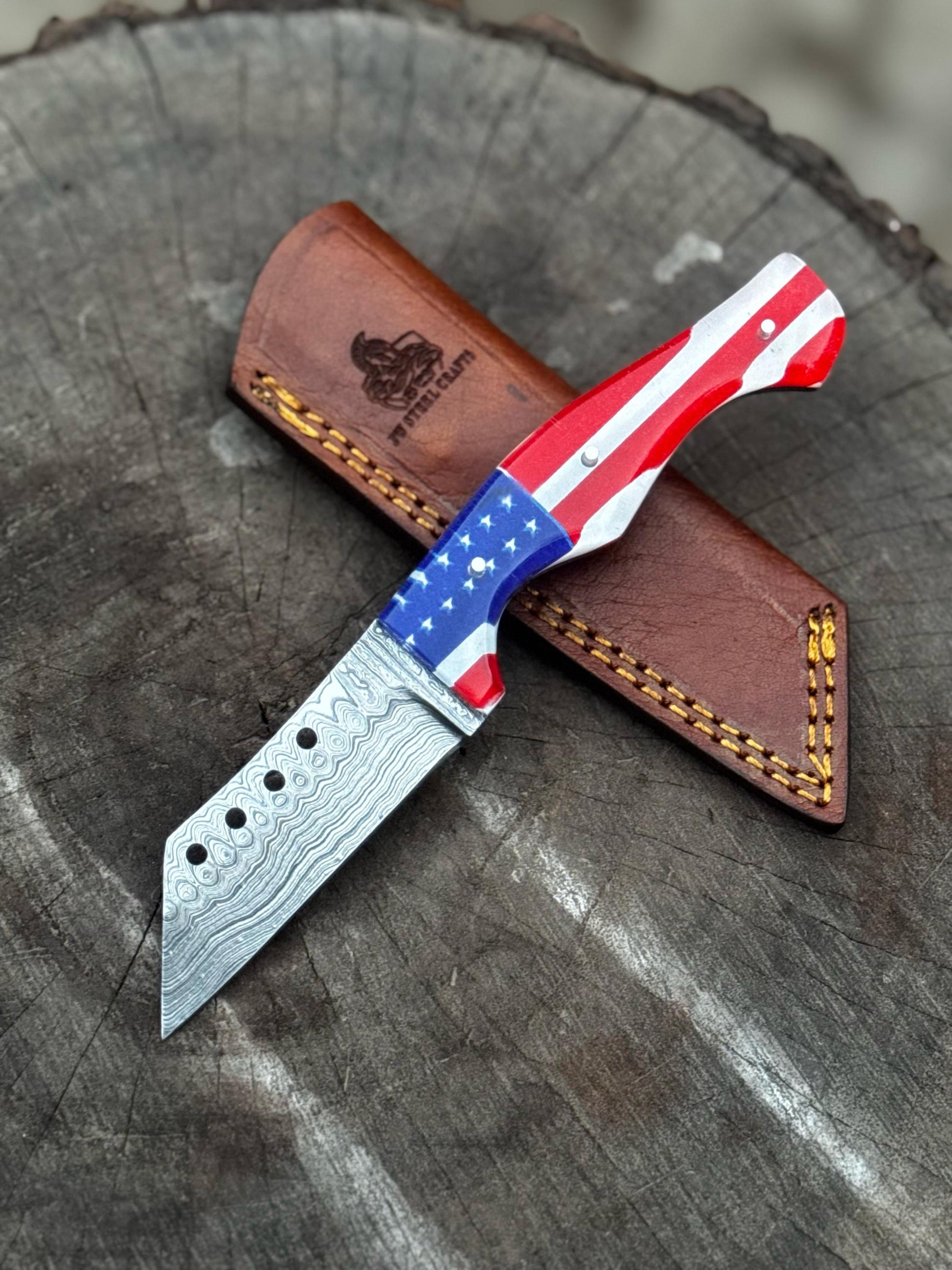 Custom Knife Handmade Damascus Tanto Knife with American Flag Handle, Anniversary Gift, Groomsmen Gift, Gift for her, Gift for Husband