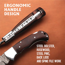 Load image into Gallery viewer, Handmade Damascus Pocket Knife with Rose Wood Handle, Personalized Gift for Men, Birthday, Groomsmen, Anniversary Gift, Folding Knife