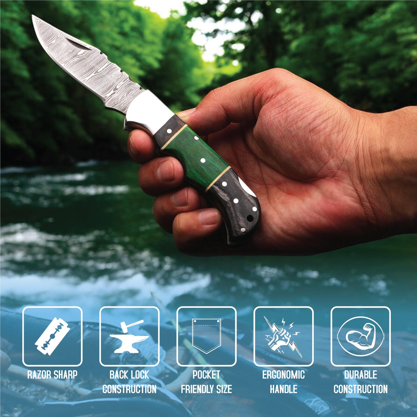 Handmade Damascus Pocket Knife with Wood Handle – Personalized Gift for Men, Birthday, Groomsmen, Anniversary, Wedding, Graduation Gift