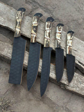 Load image into Gallery viewer, Personalized Chef set Handmade Carbon Steel Chef Knife Set Deer horn handle Gift For Father Kitchen Knife Groomsmen Wedding Gift For Him