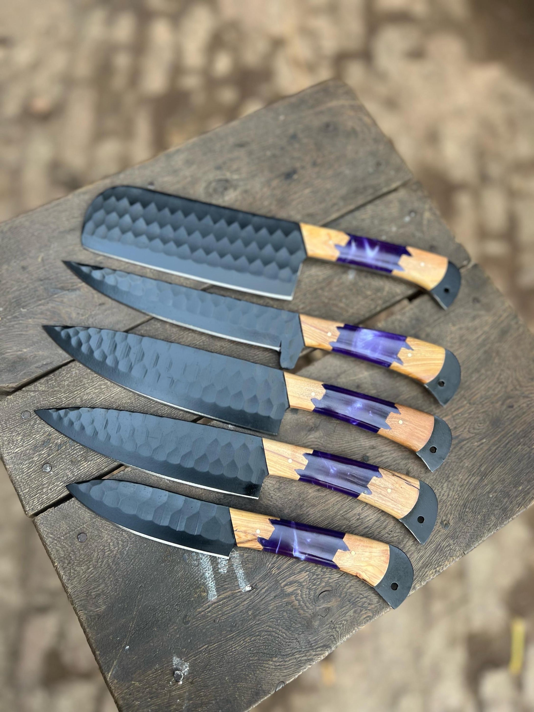 Personalized Chef Knife Set with Wood & Purple Resin Handles – Unique Kitchen Knives, Personalized Gift, Gift for her, Birthday Gift