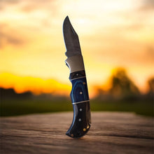 Load image into Gallery viewer, Handmade Damascus Steel Folding Knife Blue &amp; Black Handle Leather Sheath  Pocket Knife, EDC Camping Gift, Groomsmen Gift ,Gift for her