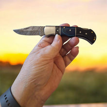 Load image into Gallery viewer, Handmade Damascus Steel Folding Knife Blue &amp; Black Handle Leather Sheath  Pocket Knife, EDC Camping Gift, Groomsmen Gift ,Gift for her