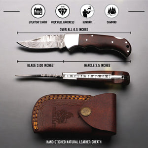 Handmade Damascus Pocket Knife with Rose Wood Handle, Personalized Gift for Men, Birthday, Groomsmen, Anniversary Gift, Folding Knife