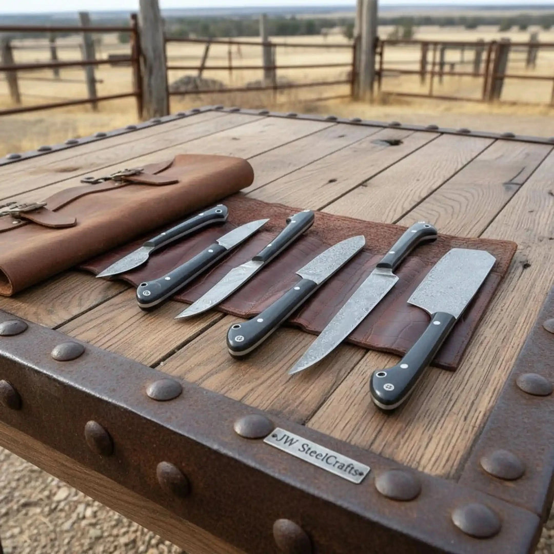Rustic cooking cutlery displayed across handcrafted wooden workbench with visible rivets and aged timber textures.