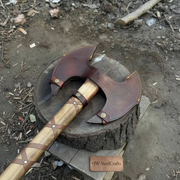 Jaggedcrest-themed Norse battle poleaxe displaying polished double-edge blades and rustic hardwood textures.