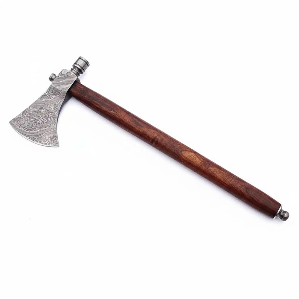     Juniper-themed Viking camp hatchet featuring multifunctional pipe design and decorative steel blade engravings.
