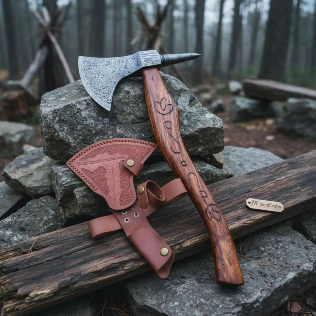 Island-inspired Viking survival tool with intricate Damascus blade engravings and handcrafted hardwood design.