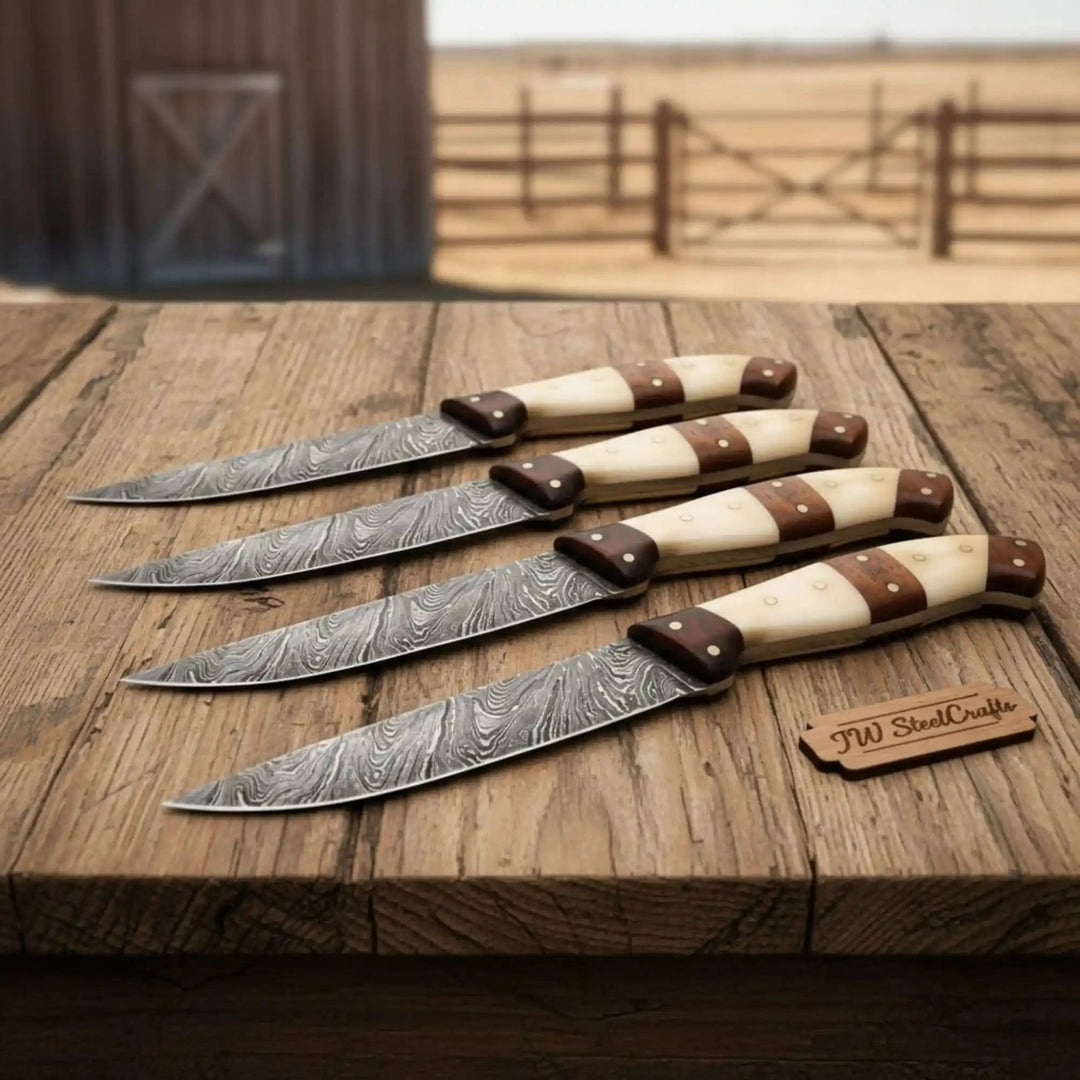 5-Piece Handmade Damascus Steak Knife Set, Bone & Rosewood Handle, Premium Dining Knives handmade Steak Knives