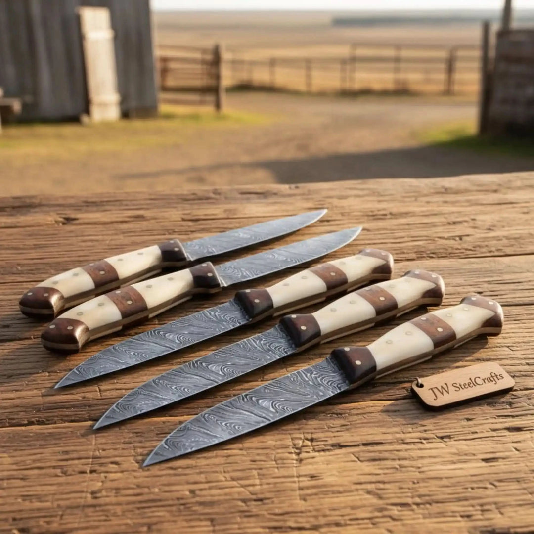 5-Piece Handmade Damascus Steak Knife Set, Bone &amp; Rosewood Handle, Premium Dining Knives handmade Steak Knives
