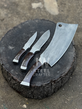 Load image into Gallery viewer, Handmade 3-Piece Knife Set – Cleaver &amp; Hunting Knives with Wooden Handle