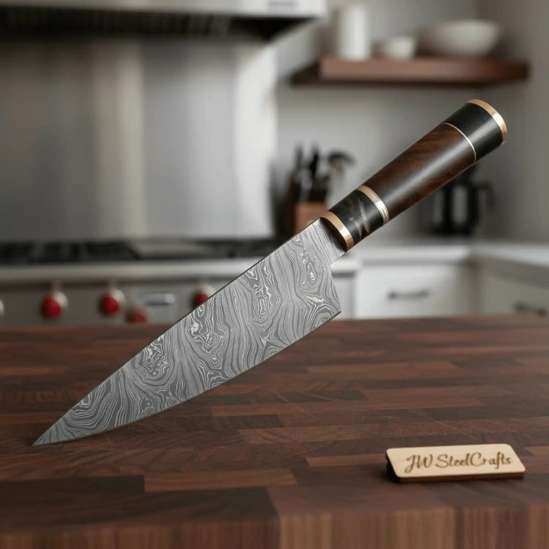 JW SteelCrafts Kiritsuke Butcher Slicer, Hand - forged Damascus, Brass - Capped Hardwood Handle handmade Chef Knife by JW SteelCrafts