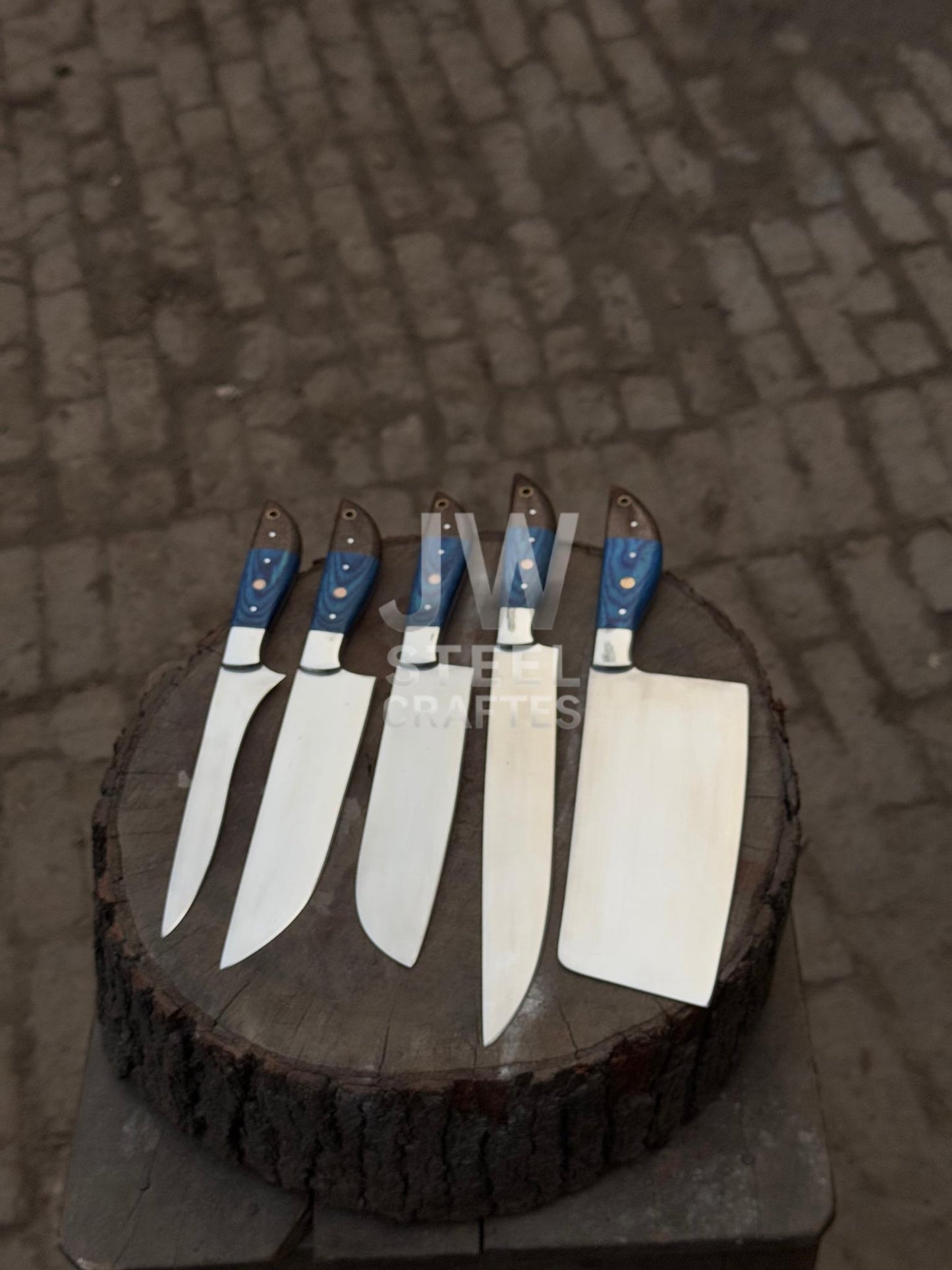 Handmade Damascus Kitchen Knife Set – 5 Piece Chef & Butcher Collection with Blue & Wood Handles