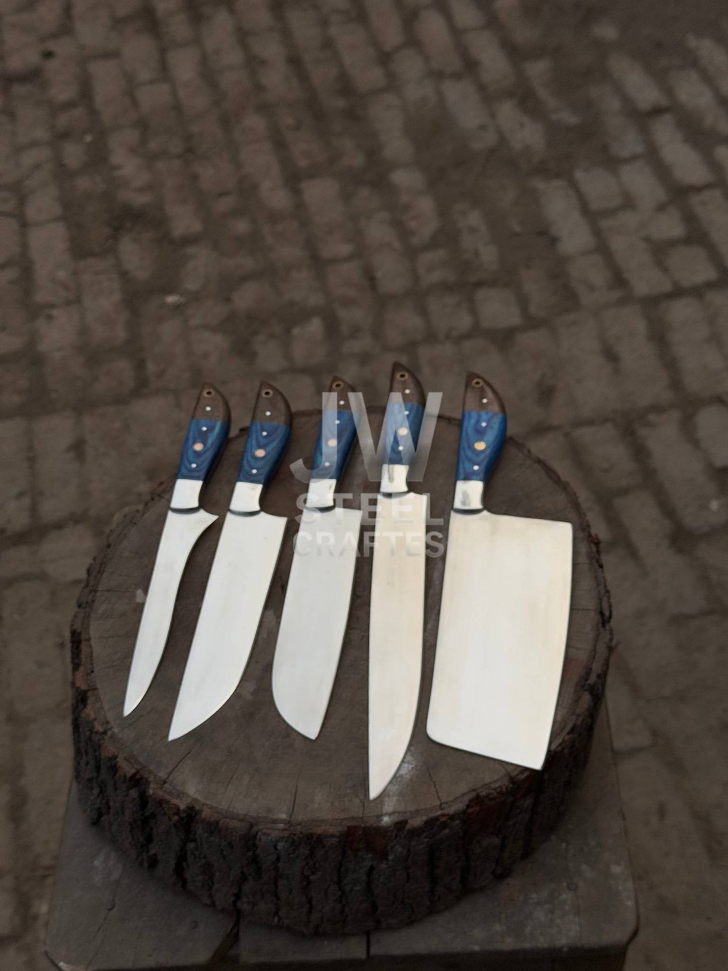 Hand-Forged Custom Kitchen Knife Set – 5 Piece Chef & Butcher Collection with Blue Wood Handles