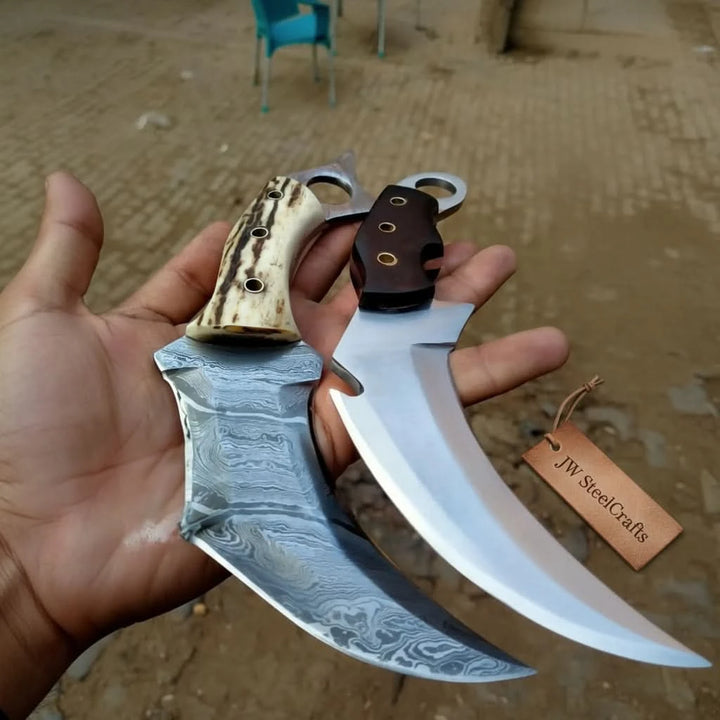 Damascus Steel Karambit Pair, Stag Horn &amp; Wood Handle, 9-inch Blade handmade karambit knife by JW SteelCrafts
